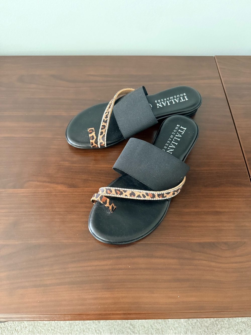 Italian Shoemakers Black Slide Sandals with Leopard-Print Strap